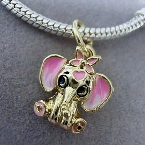 Gold Elephant Dangle European Charm Fits PANDORA
